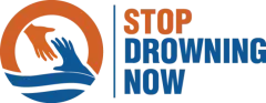 Stop Drowning Now logo with orange and blue hands in a water circle