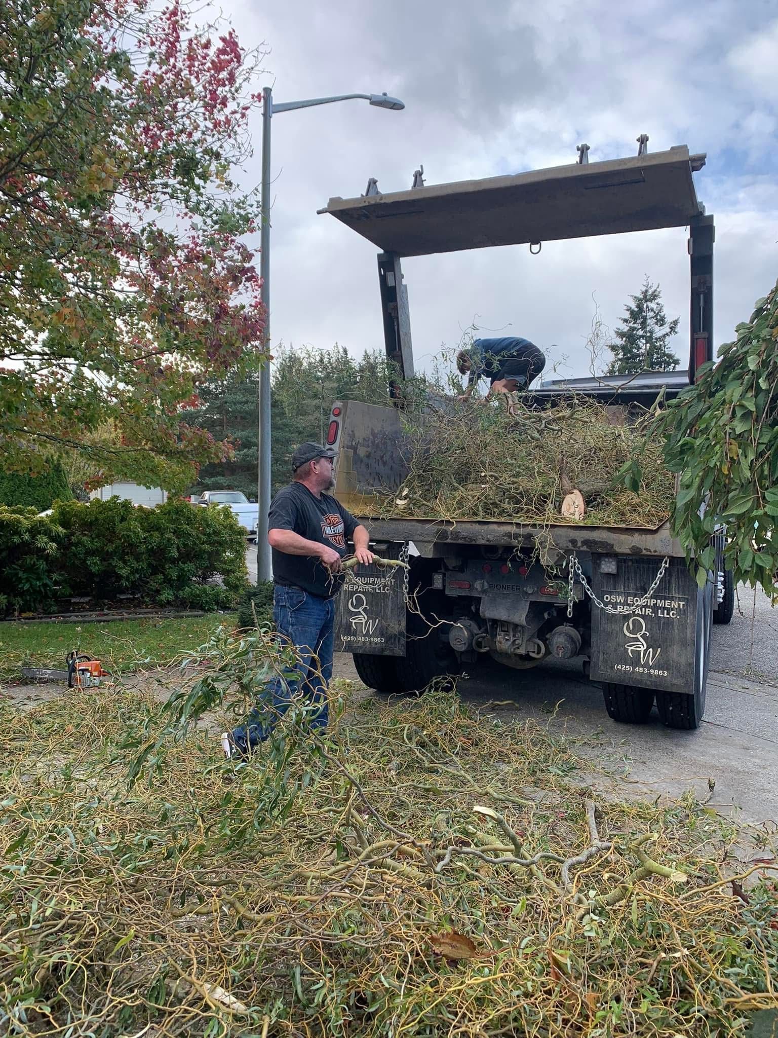 Workers load brush into a truck on a leaf-covered street after yard cleanup.