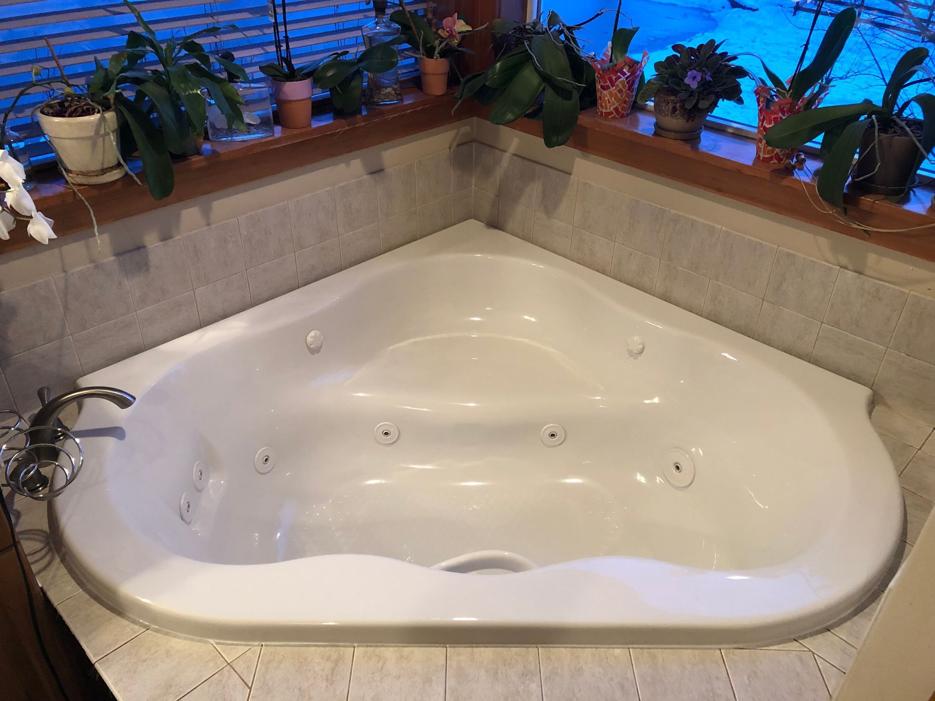 Corner whirlpool bathtub with beige tile surround and potted plants on the windowsill