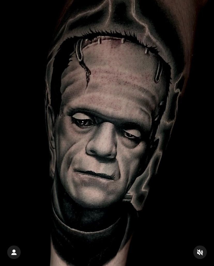 Frankenstein’s monster portrait in dark tones, with stitched forehead and heavy shadows