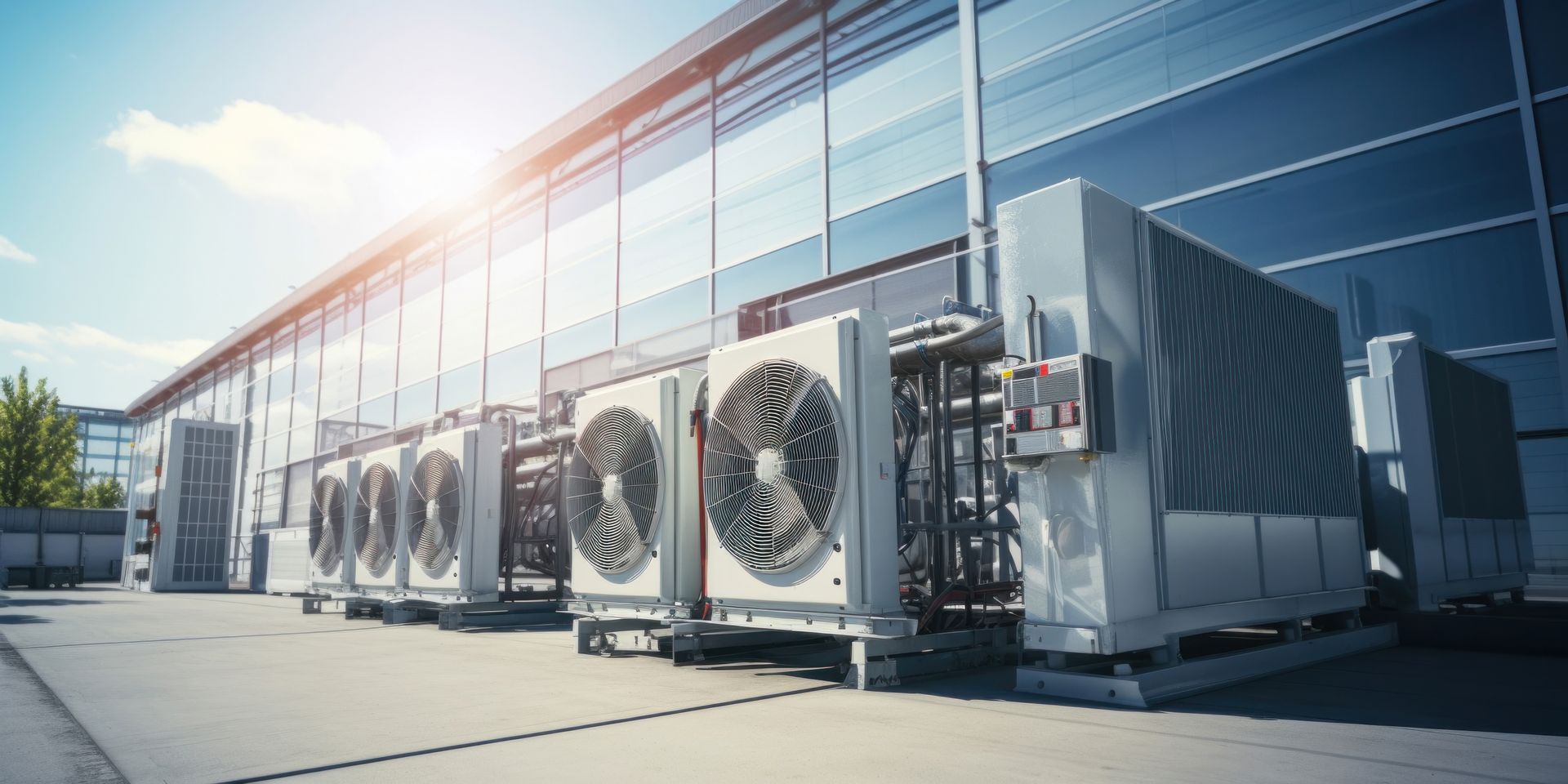 A row of air conditioners are sitting outside of a building.
