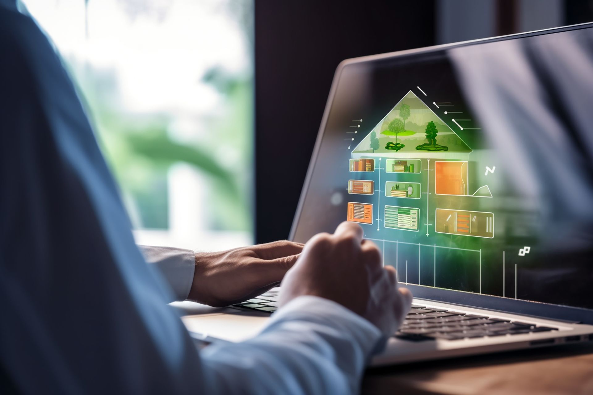 A person is using a laptop computer with a house on the screen.