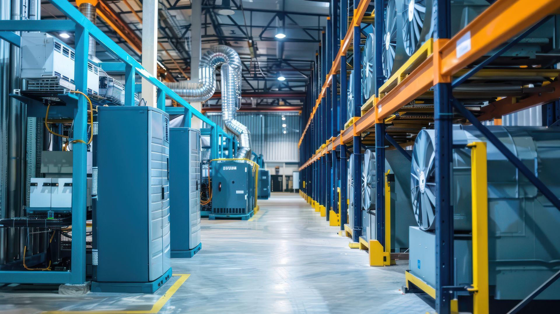 A large warehouse filled with lots of machinery and shelves.