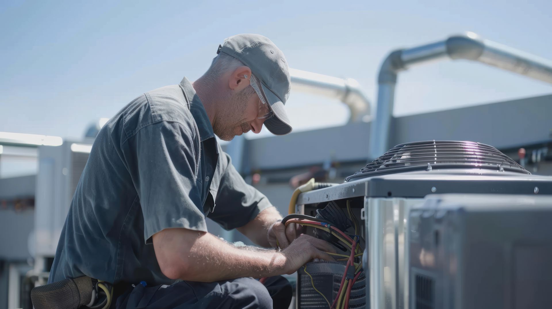 A man is working on an air conditioner on the roof of a building.