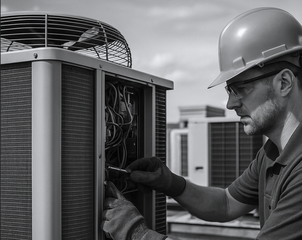 A man wearing a hard hat is working on air conditioning maintenance.
