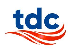 A blue and red tdc logo on a white background
