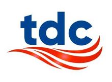 A blue and red tdc logo on a white background