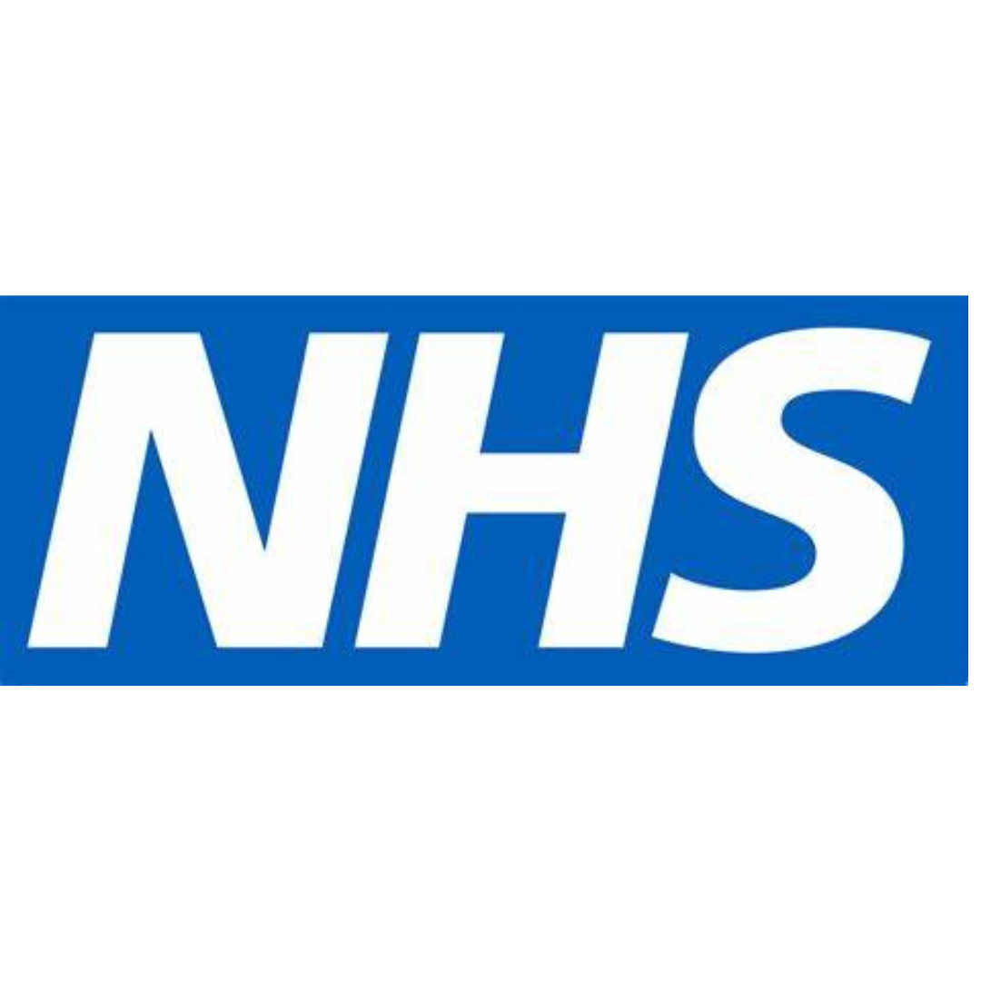 A blue and white nhs logo on a white background