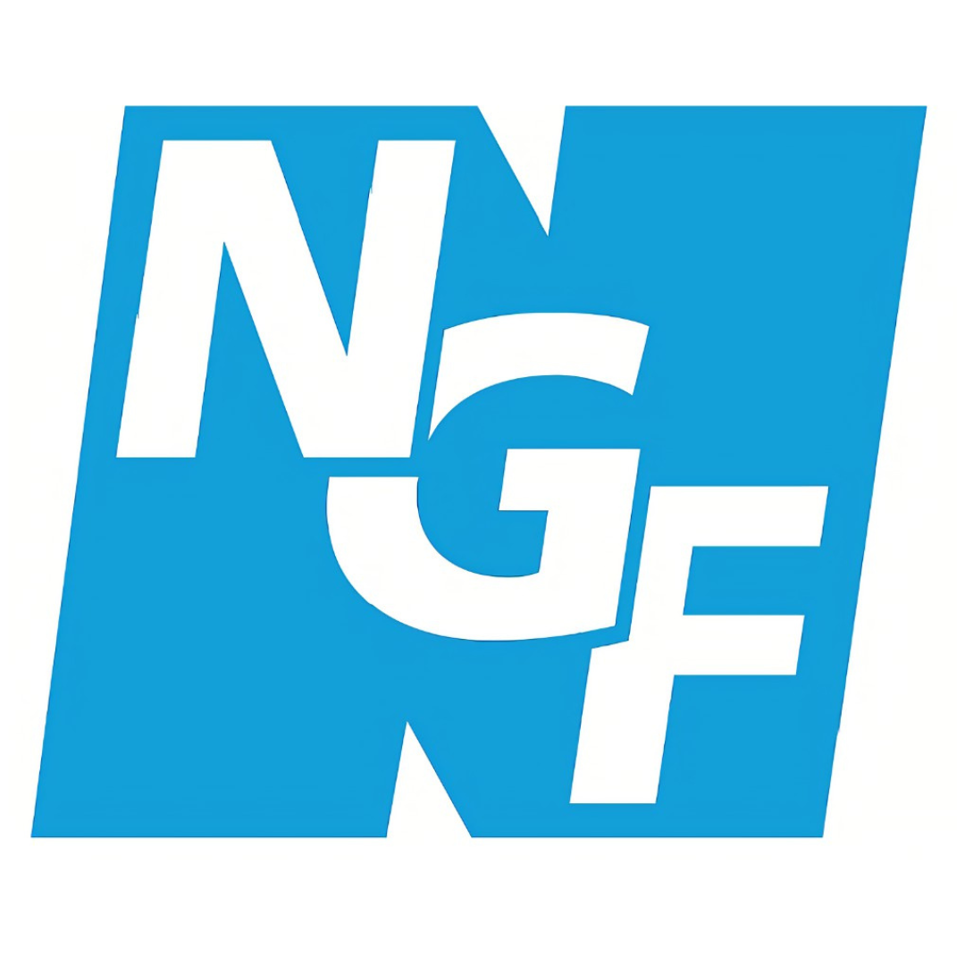 A blue and white logo for ngf on a white background