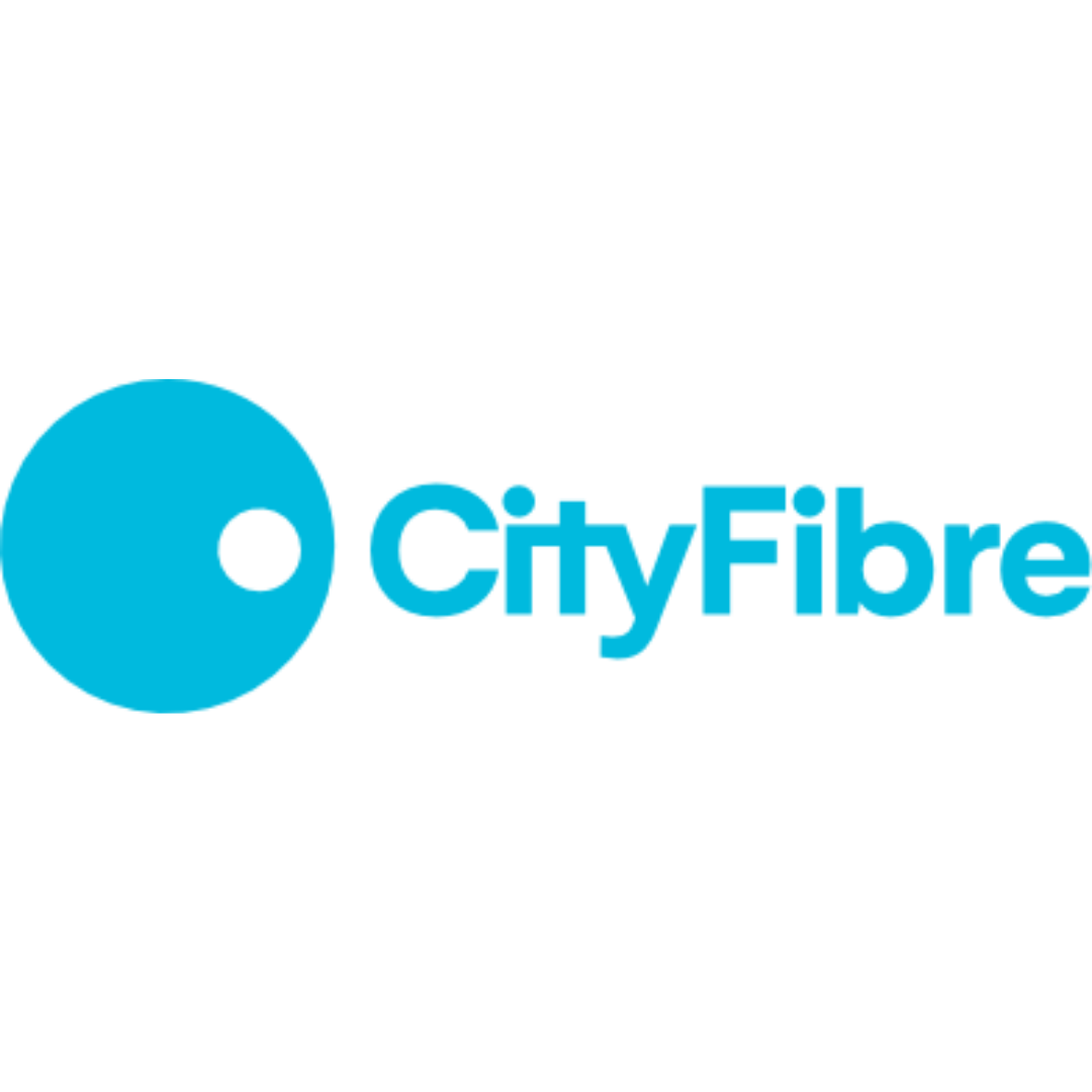 The city fibre logo is blue and white on a white background.