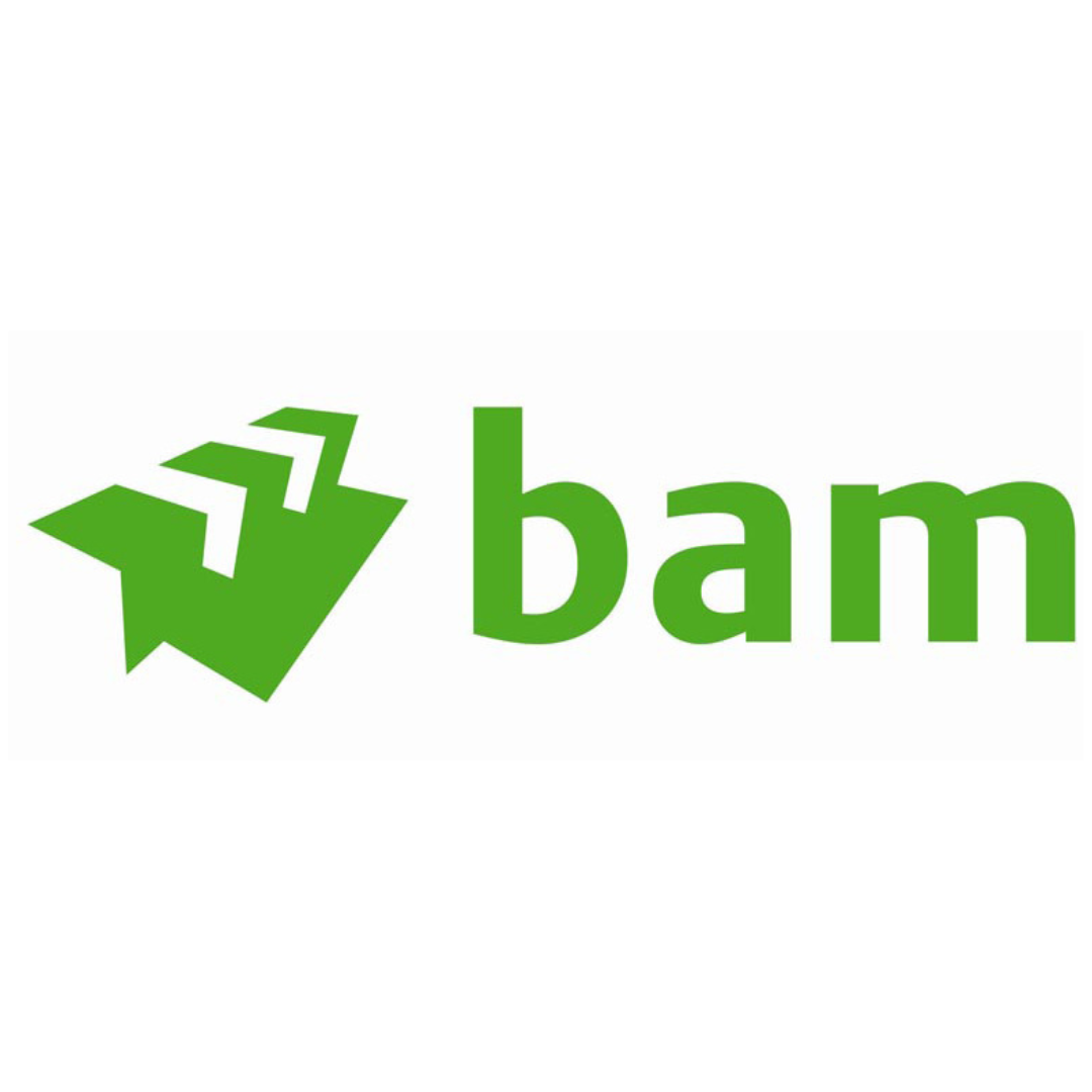 A green logo with a green arrow and the word bam on a white background.
