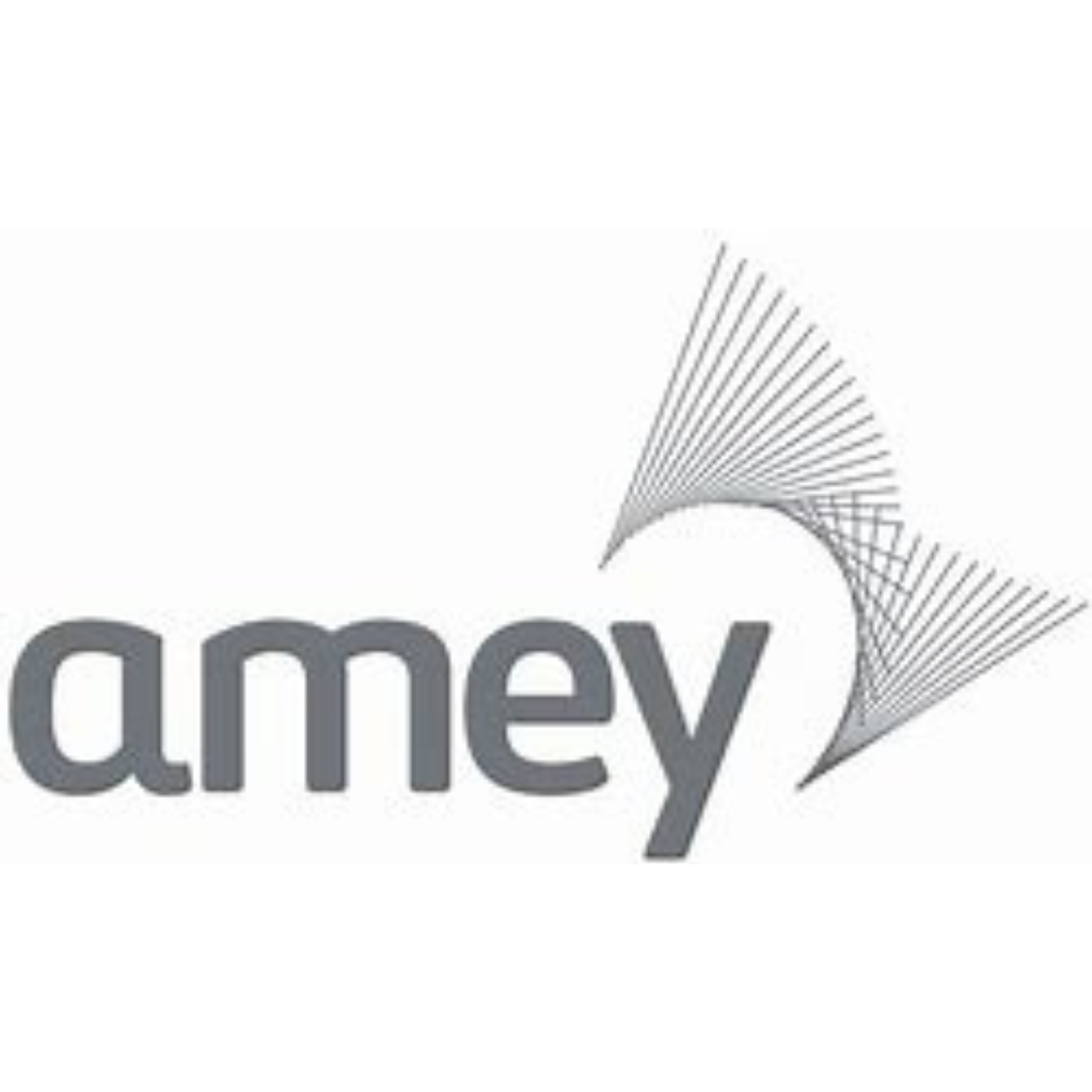 A black and white logo for amey with a fish on it.