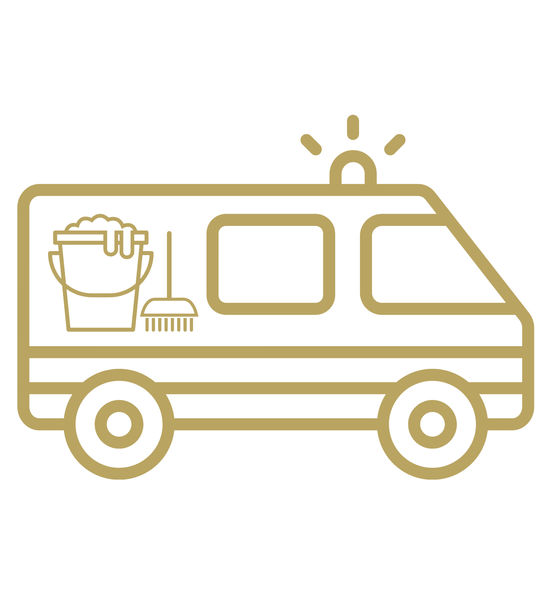 Pakettiauto, jonka kyljessä on ämpäri, luuta ja moppi.