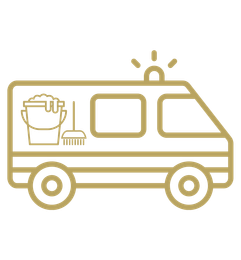 Pakettiauto, jonka kyljessä on ämpäri, luuta ja moppi.