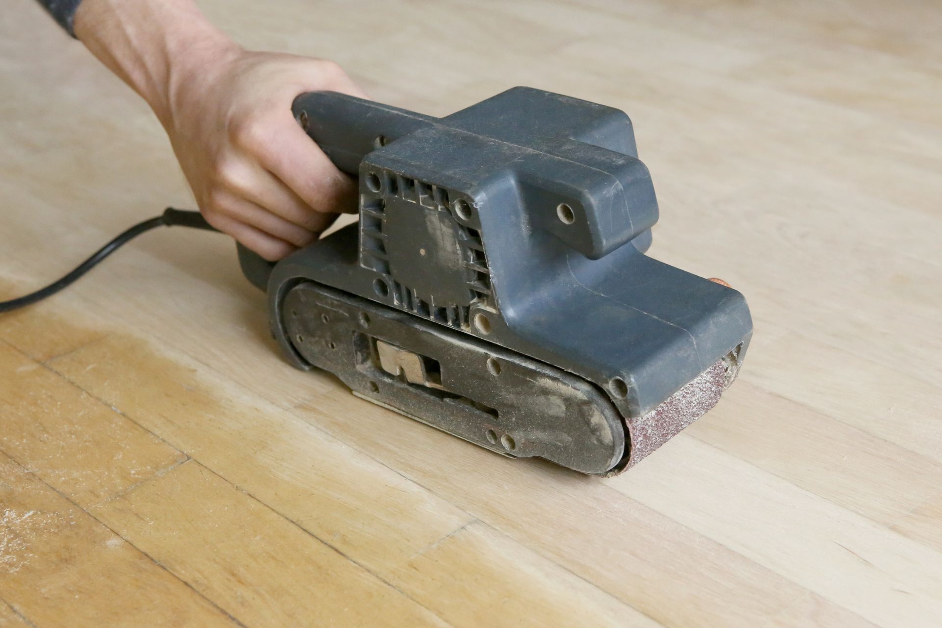 Side view of a hardwood floor sanding.