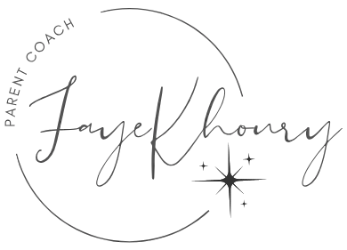 Logo for "Faye Khoury, Parent Coach" with handwritten script and starburst design.