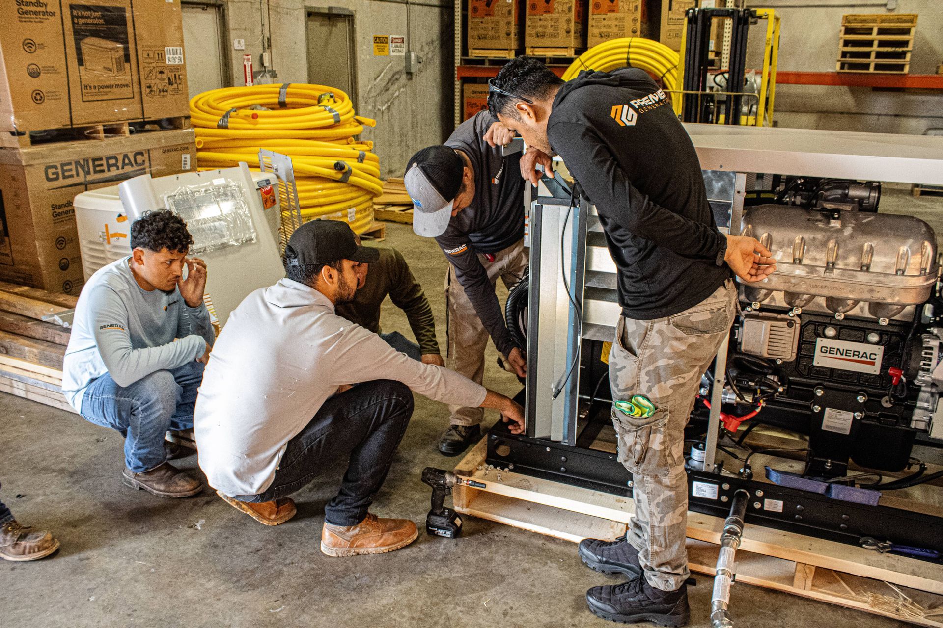 Certified technicians at Premier Generators of Texas working on a Generac® whole-home generator