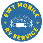 Blue circle logo: "EWT Mobile RV Service" with RV graphic, trees, sun, mountains in yellow and white.