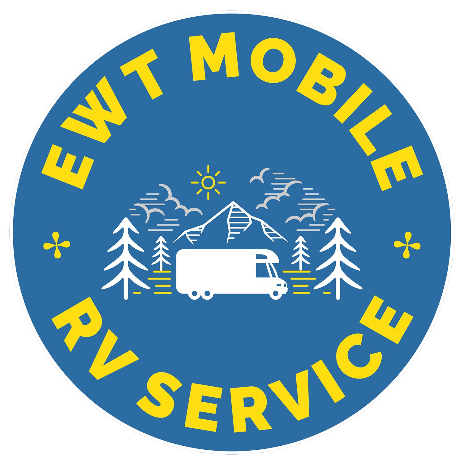 Blue circle logo: "EWT Mobile RV Service" with RV graphic, trees, sun, mountains in yellow and white.