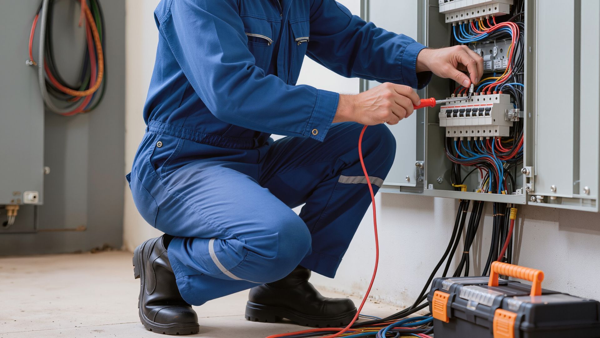 A specialist fixes the electrical distribution unit.