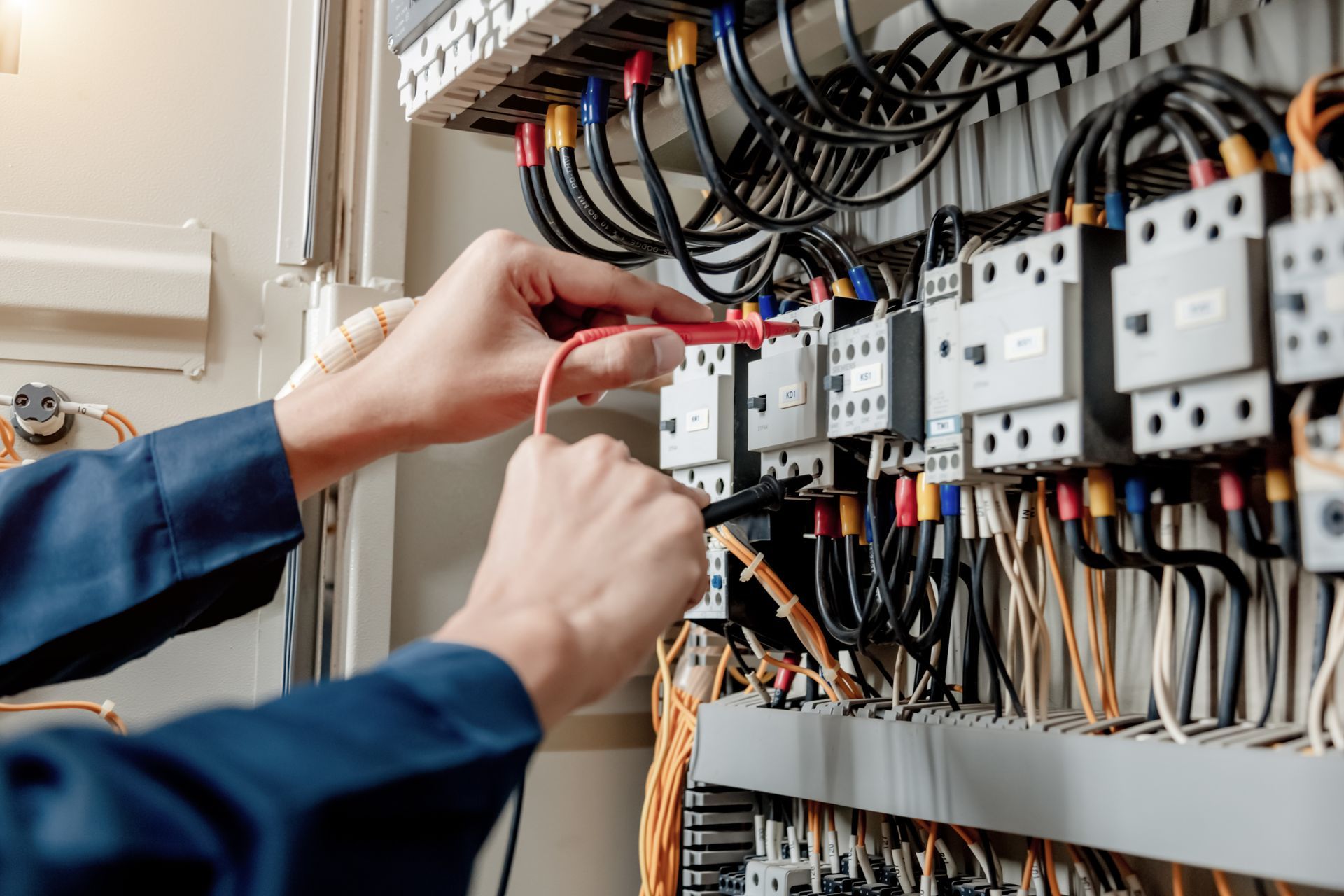 Electrician using a multimeter to test wiring on an electrical panel.