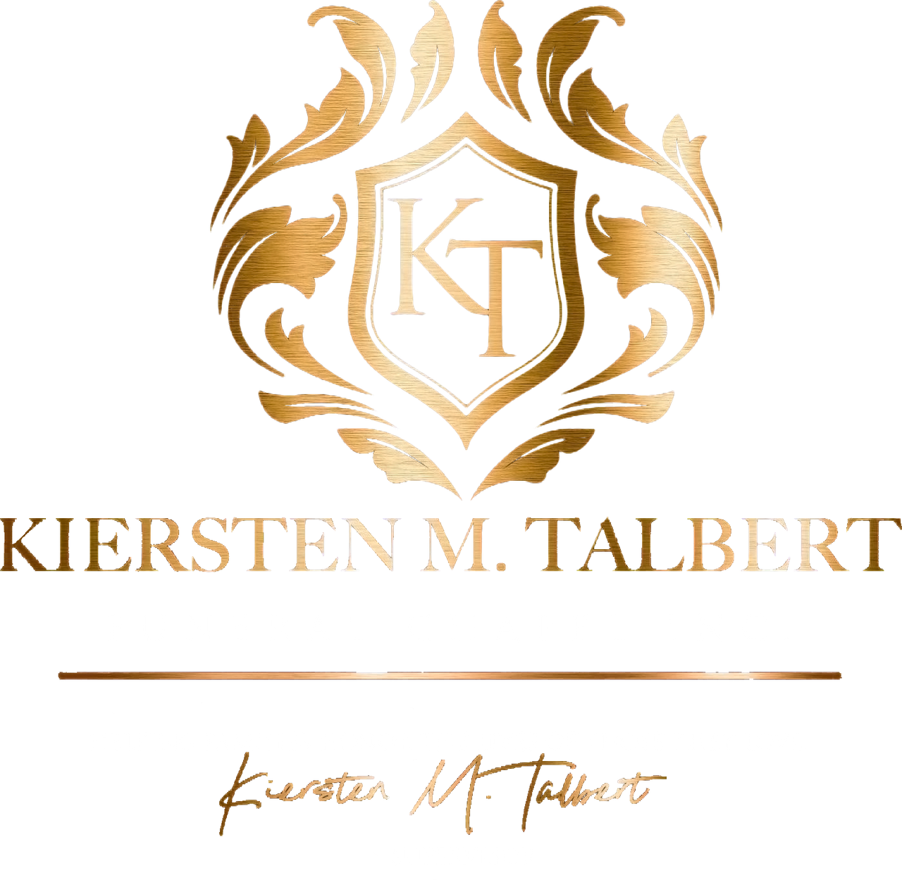 Gold floral crest logo with KT monogram and the name Kiersten M. Talbert