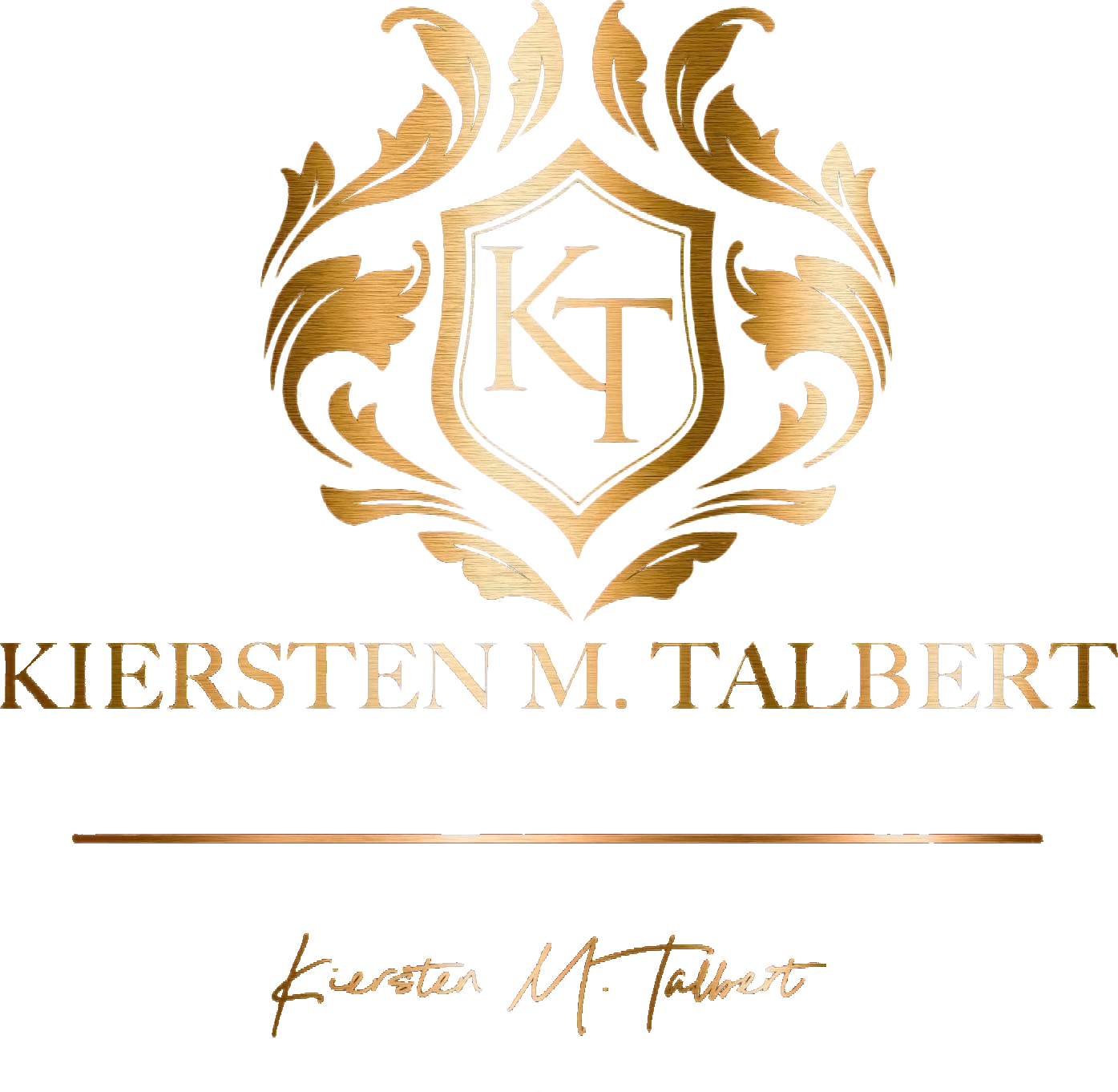 Gold floral crest logo with KT monogram and the name Kiersten M. Talbert