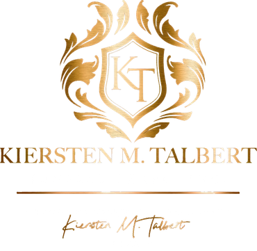 Gold floral crest logo with KT monogram and the name Kiersten M. Talbert