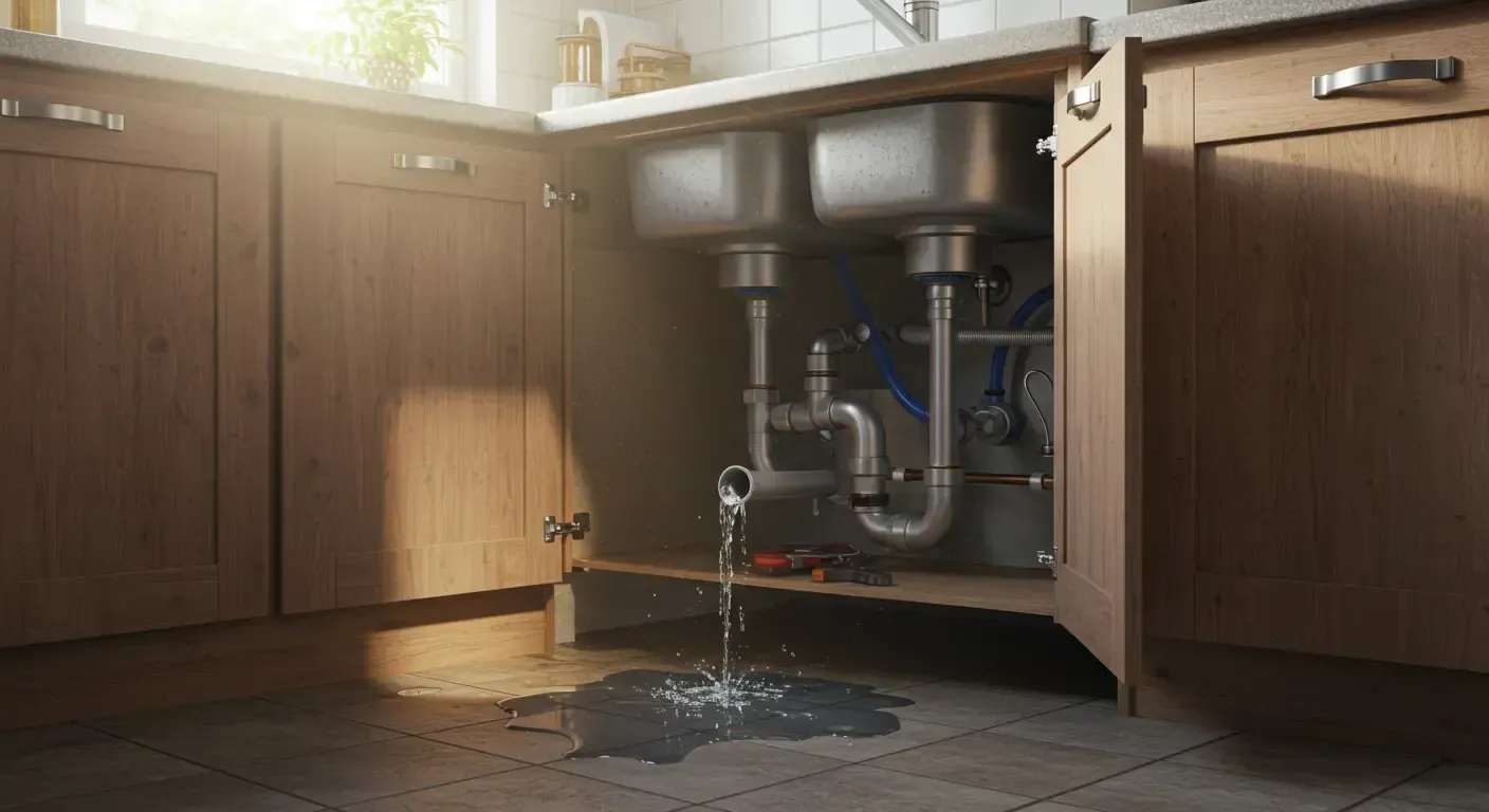 A plumber repairing pipes under a sink in a residential kitchen.