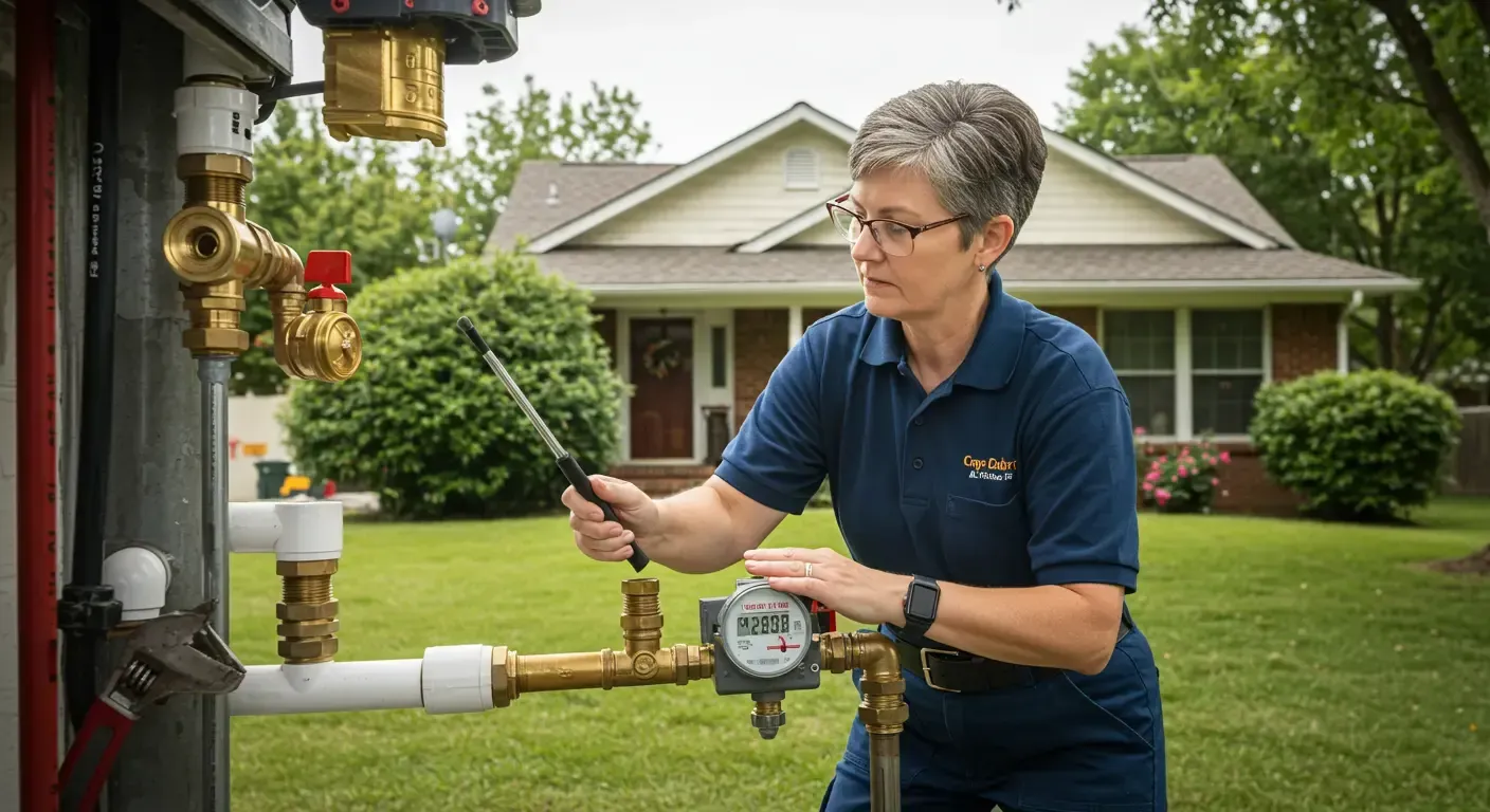 Plumbers working together on a pipe repair at a residential location.