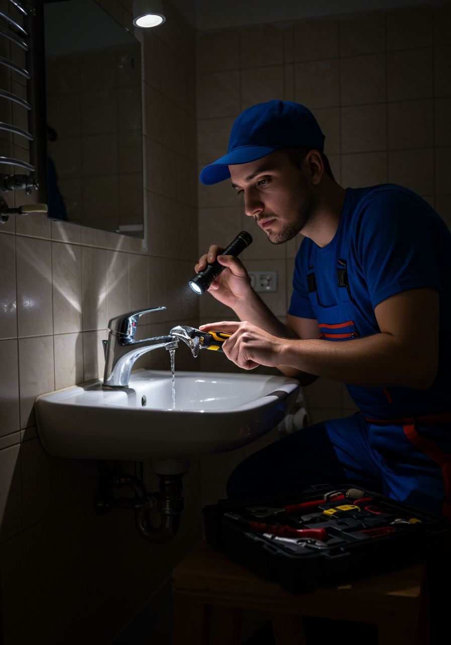 A team of workers engaged in a plumbing service with tools and equipment.