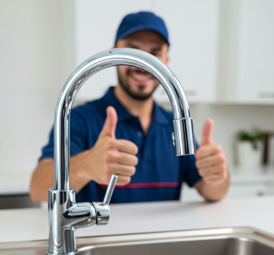 Shiny kitchen sink with faucet, smiling person in blue uniform giving thumbs up.