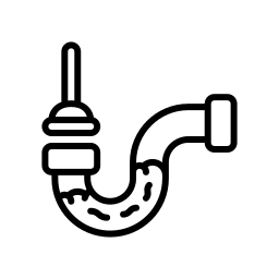 A black and white icon of a drain pipe with water coming out of it.