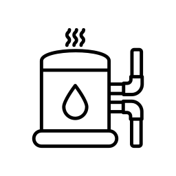 A black and white icon of a water heater with a drop of water on it.