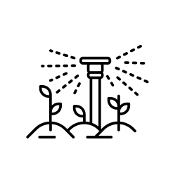 A line drawing of a sprinkler spraying water on plants.