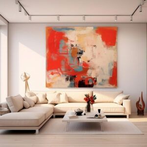 Modern living room with a white sectional, coffee table, and large red abstract painting.
