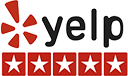 Yelp logo with red starburst icon, black “yelp” text, and a row of red stars on a white background