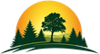 Sunrise over a tree and forest with a rolling hillside and a stylized sun.