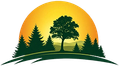 Sunset over trees and hills, with a large tree in the center and pine trees on either side.