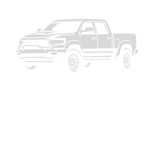 A black and white drawing of a pickup truck on a white background.