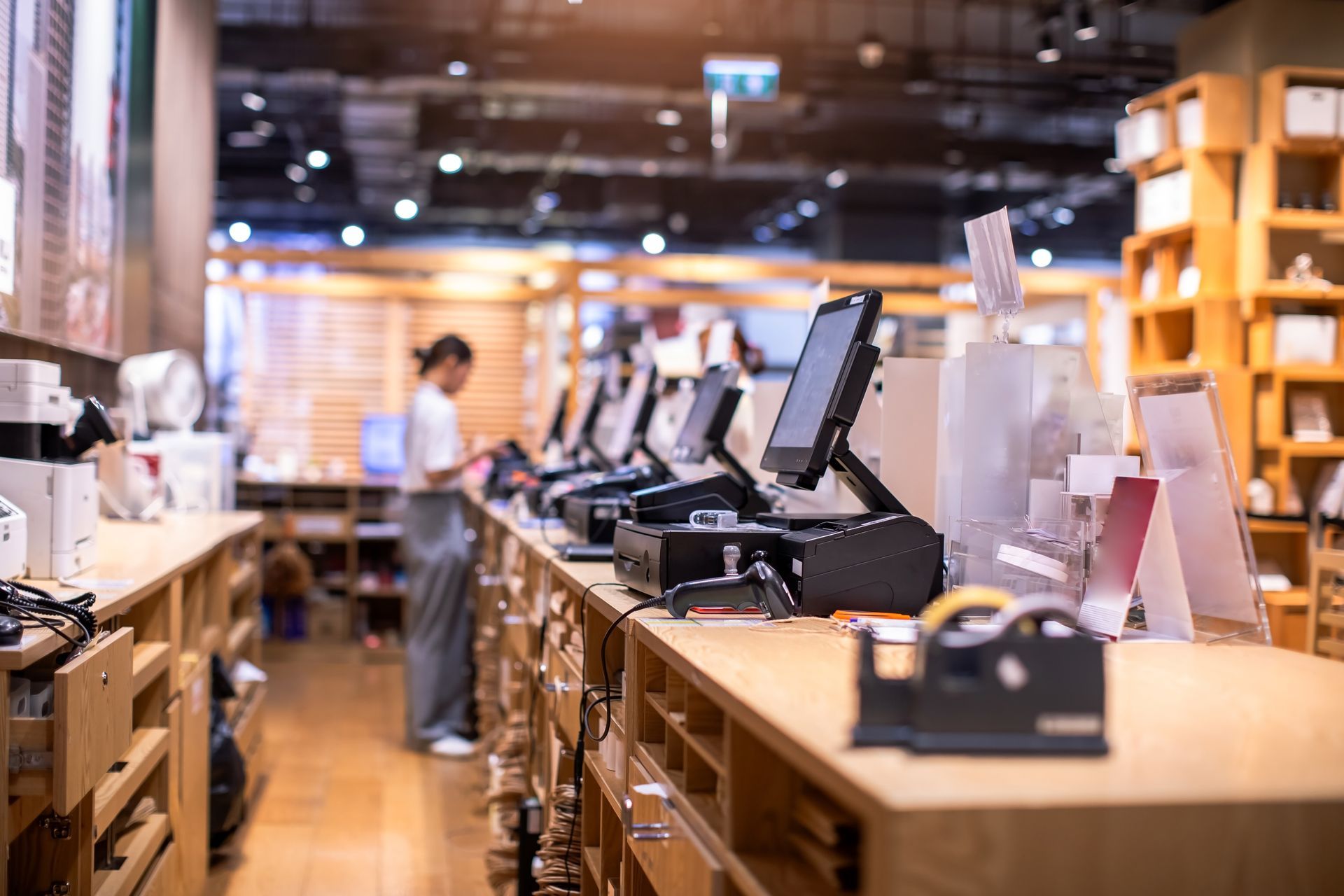 Cash registers on a wooden counter in a store. A person stands behind the counter, near the registers.