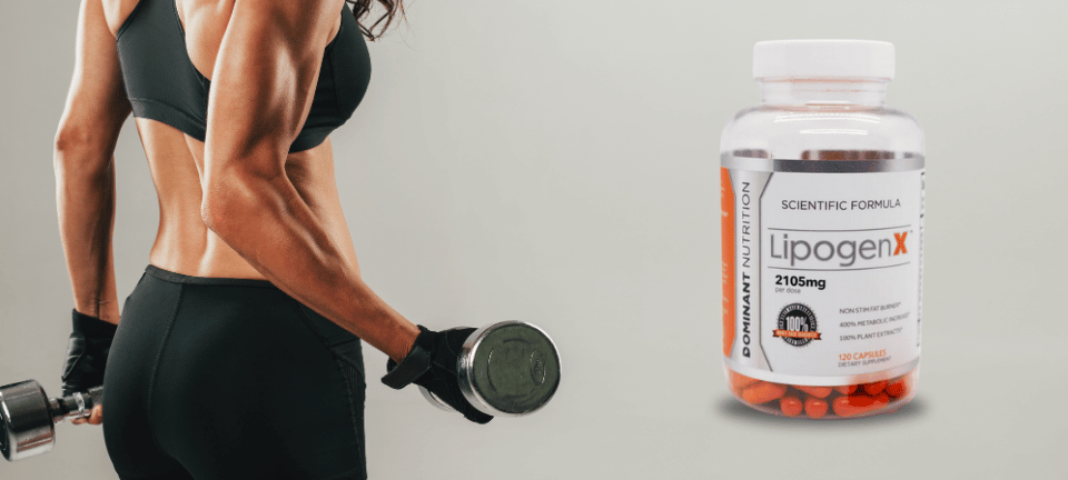 Woman athlete doing curls next to Lipogen X