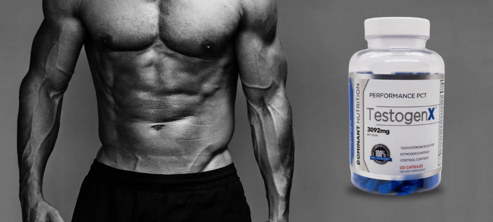 TestogenX product next to bodybuilder