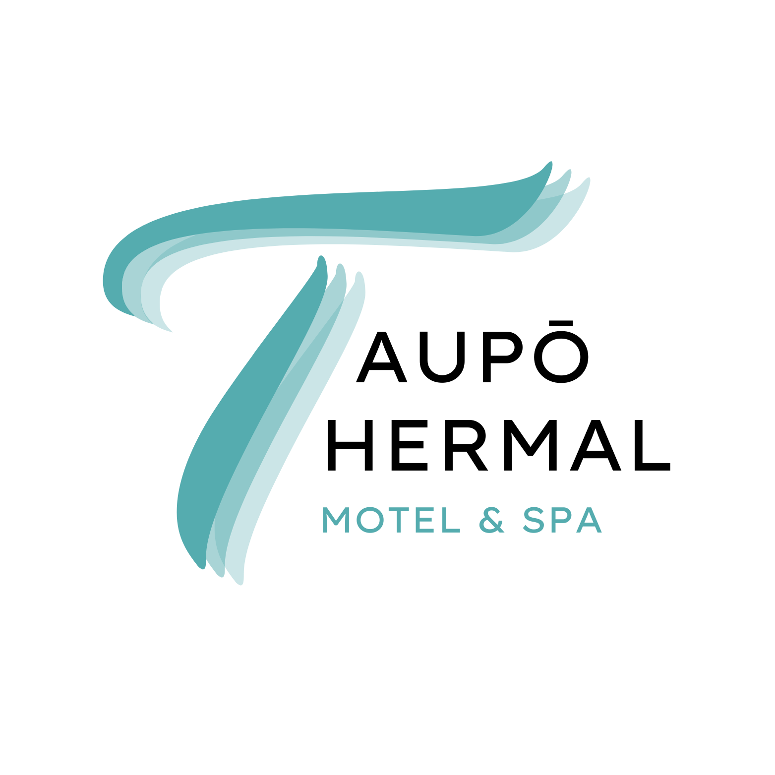 A logo for taupo thermal motel and spa with a mountain in the background.