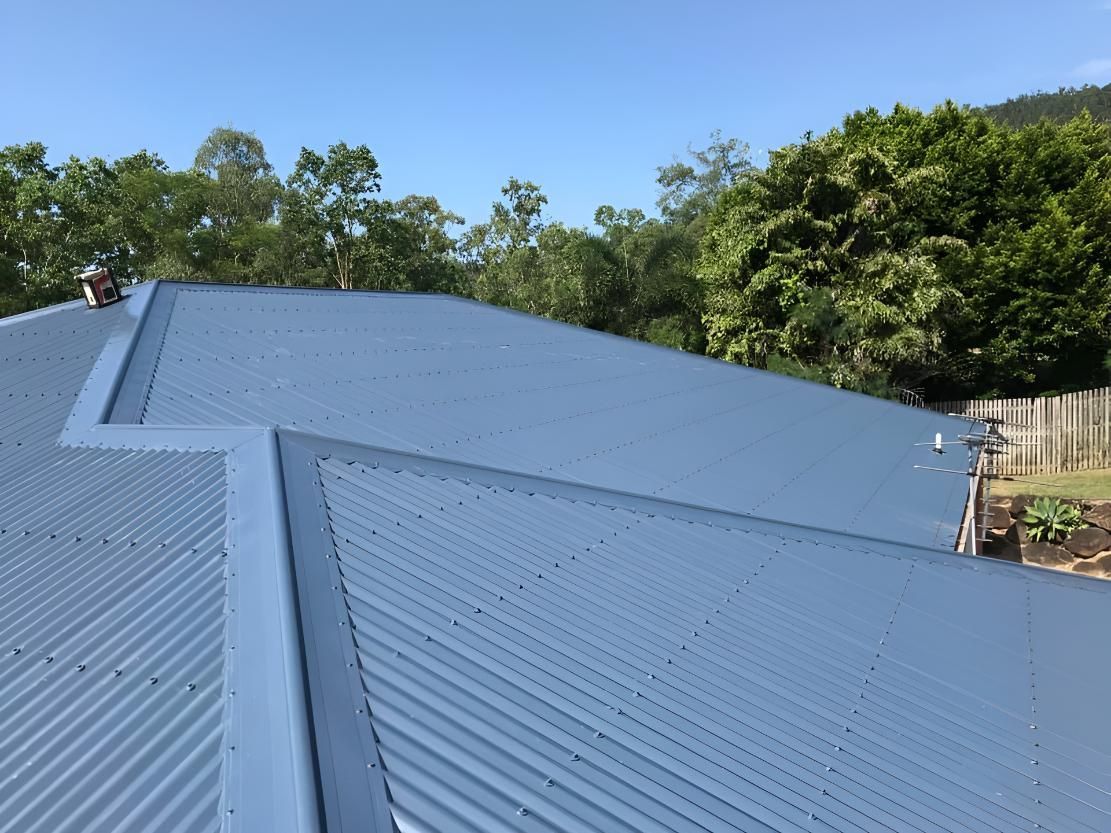 A Blue Corrugated Metal Roof With Trees in the Background — Bradshaw Plumbing & Roofing Pty Ltd In East Mackay, QLD