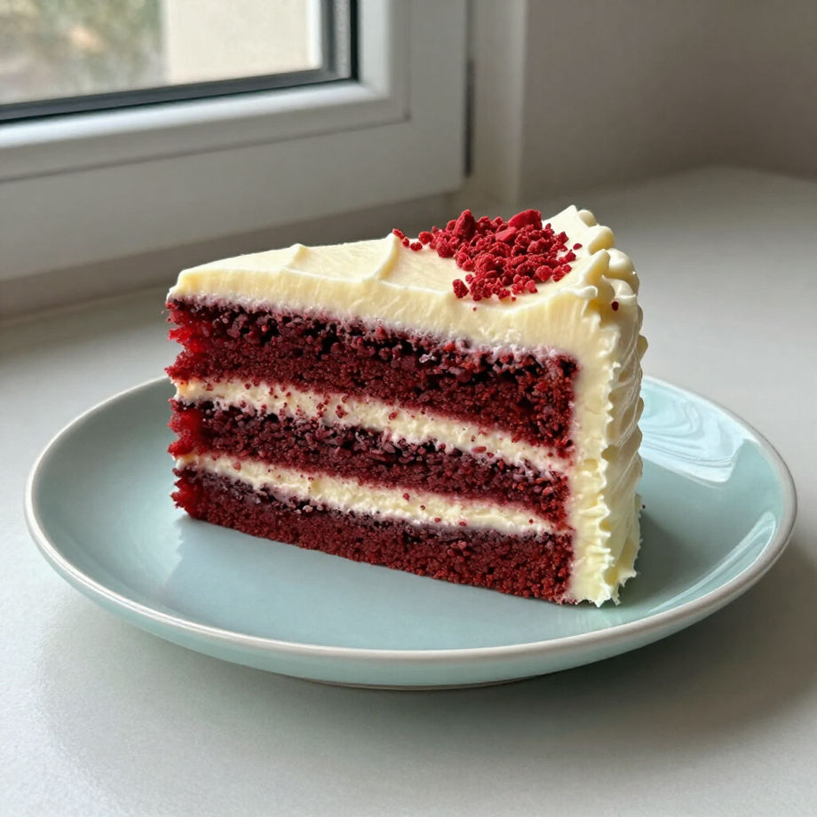 Porción de pastel red velvet con glaseado blanco en un plato azul claro junto a una ventana