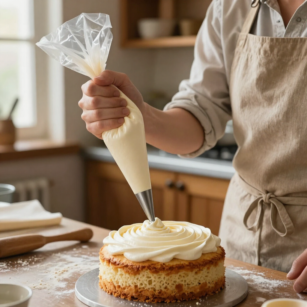 Una persona decorando un bizcocho con glaseado blanco en una cocina