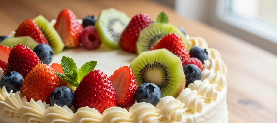 Pastel de crema cubierto de frutas, con fresas, rodajas de kiwi y frambuesas, sobre una mesa de madera