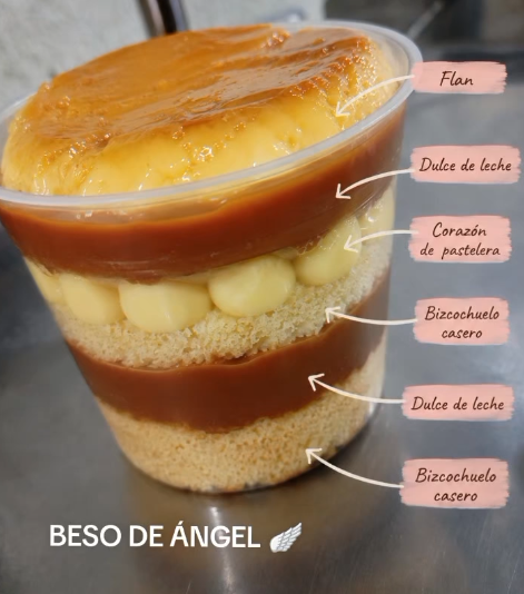 Vasito de postre etiquetado «Beso de ángel», con capas de flan, dulce de leche y galleta