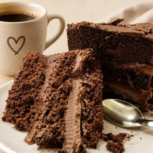 Porciones de tarta de chocolate en un plato junto a una taza de café con un corazón dibujado en la taza